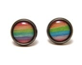Watercolor Rainbow Striped Earrings on gunmetal post studs - SMALL 10mm