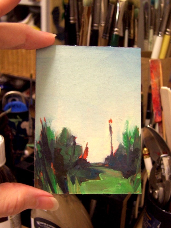 oil painting original landscape ACEO "Secret Garden" 100% charity donation, oil painting on cardboard, clouds, sky