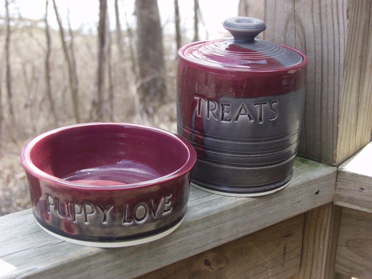 Treats Jar & Puppy Love Pet Dish Set of 2 Bing Cherry Amber Ready to Ship