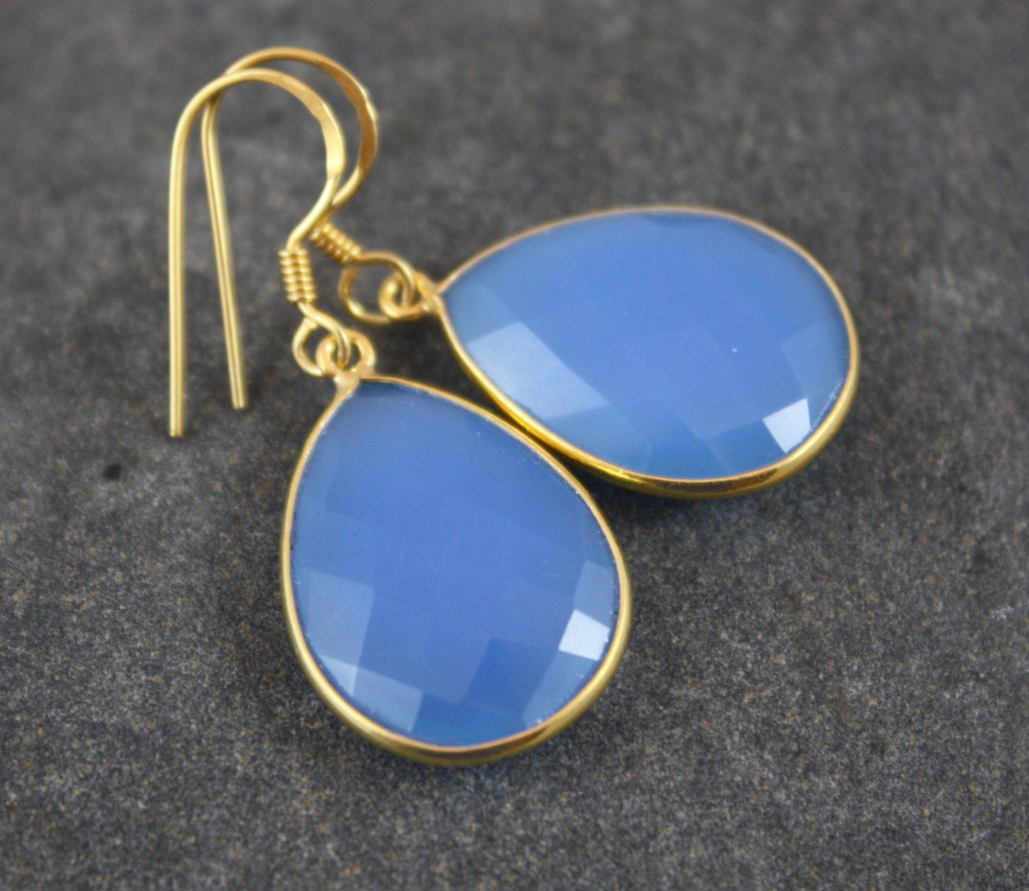 PRETTY Cobalt Chalcedony Bezeled Drop Earrings- Gold Filled by Yania Creations
