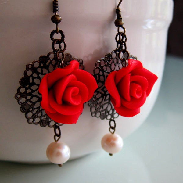 Red Rose Filigree Earrings- Polymer Clay