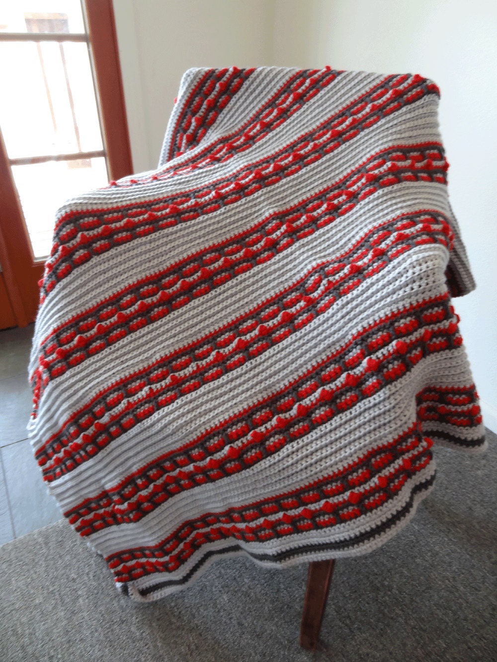 Silver Gray and Dark Grey and Red Striped Afghan WSU school colors classic throw
