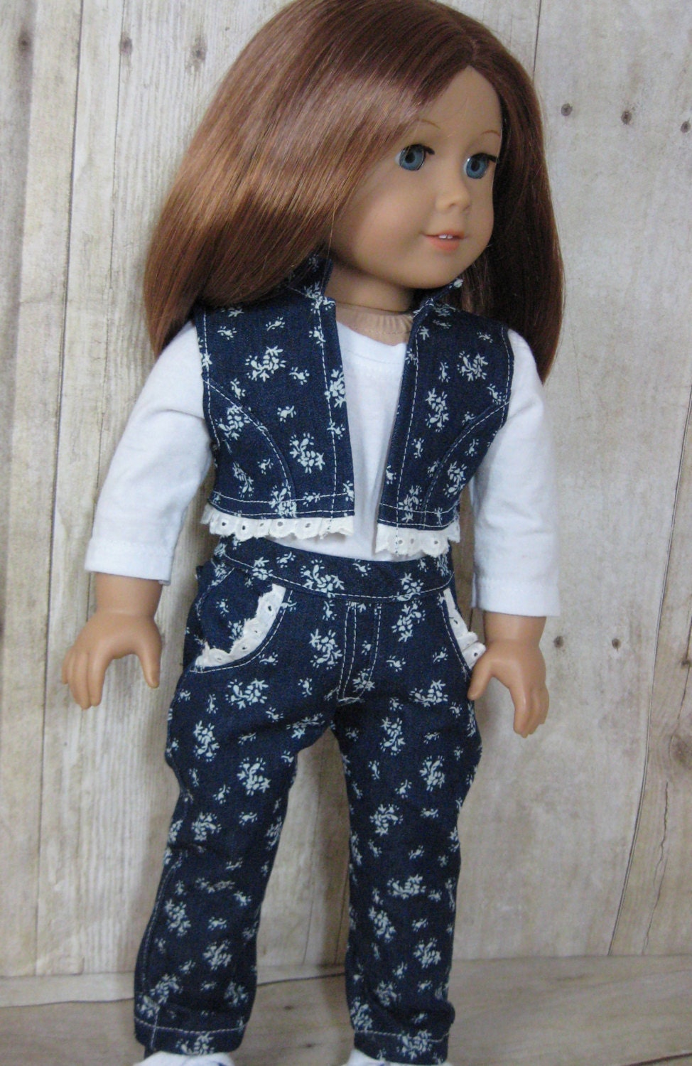 18 inch Doll Clothes American Girl Denim Floral Ruffled Complete Outfit