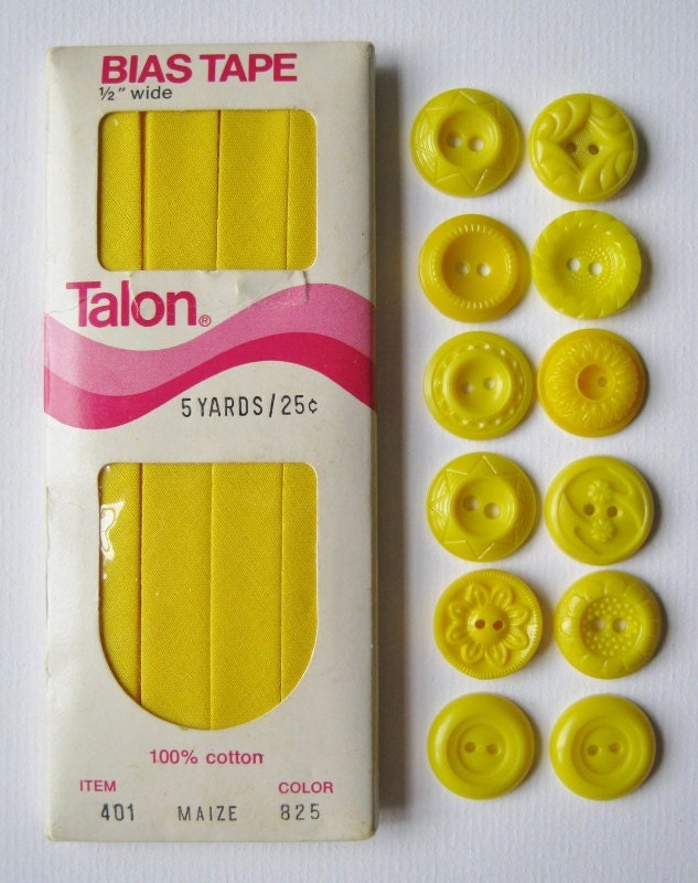 Vintage Talon Yellow Bias Tape and Plastic Yellow Buttons