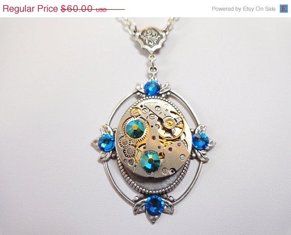 Sale 25% Off Steampunk Finery Necklace With Vintage Watch Movement And Deep Blue Sea Crystals