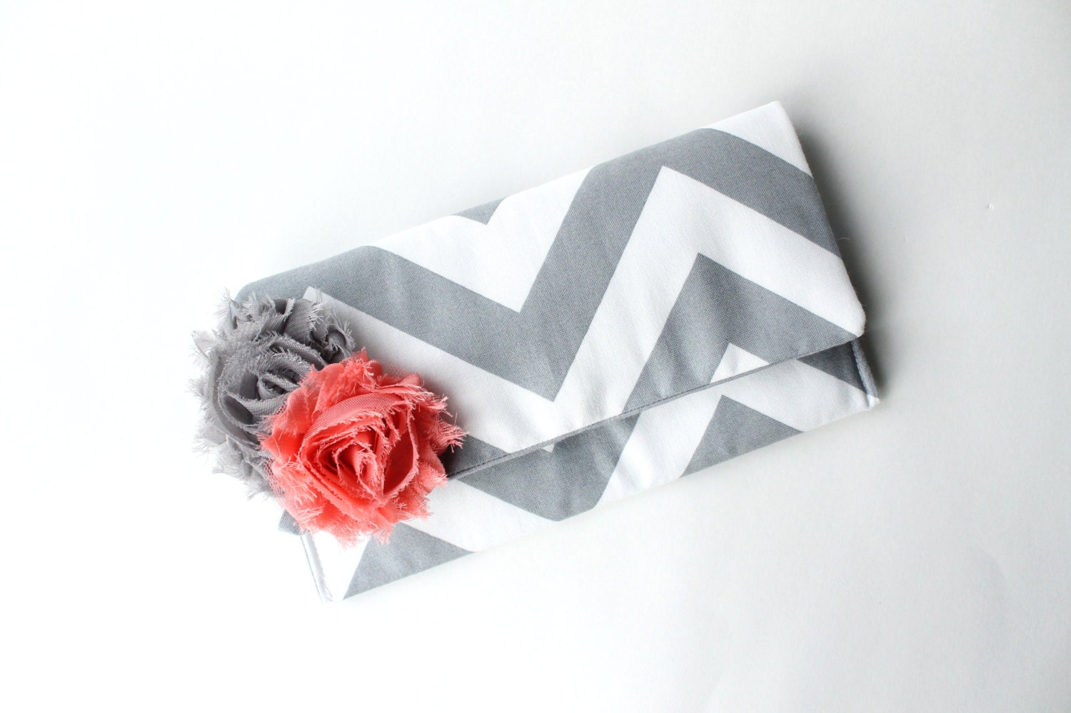Chevron Clutch Purse in Gray with Coral Flower Brooch, Bridesmaid Clutch, Wedding Clutch