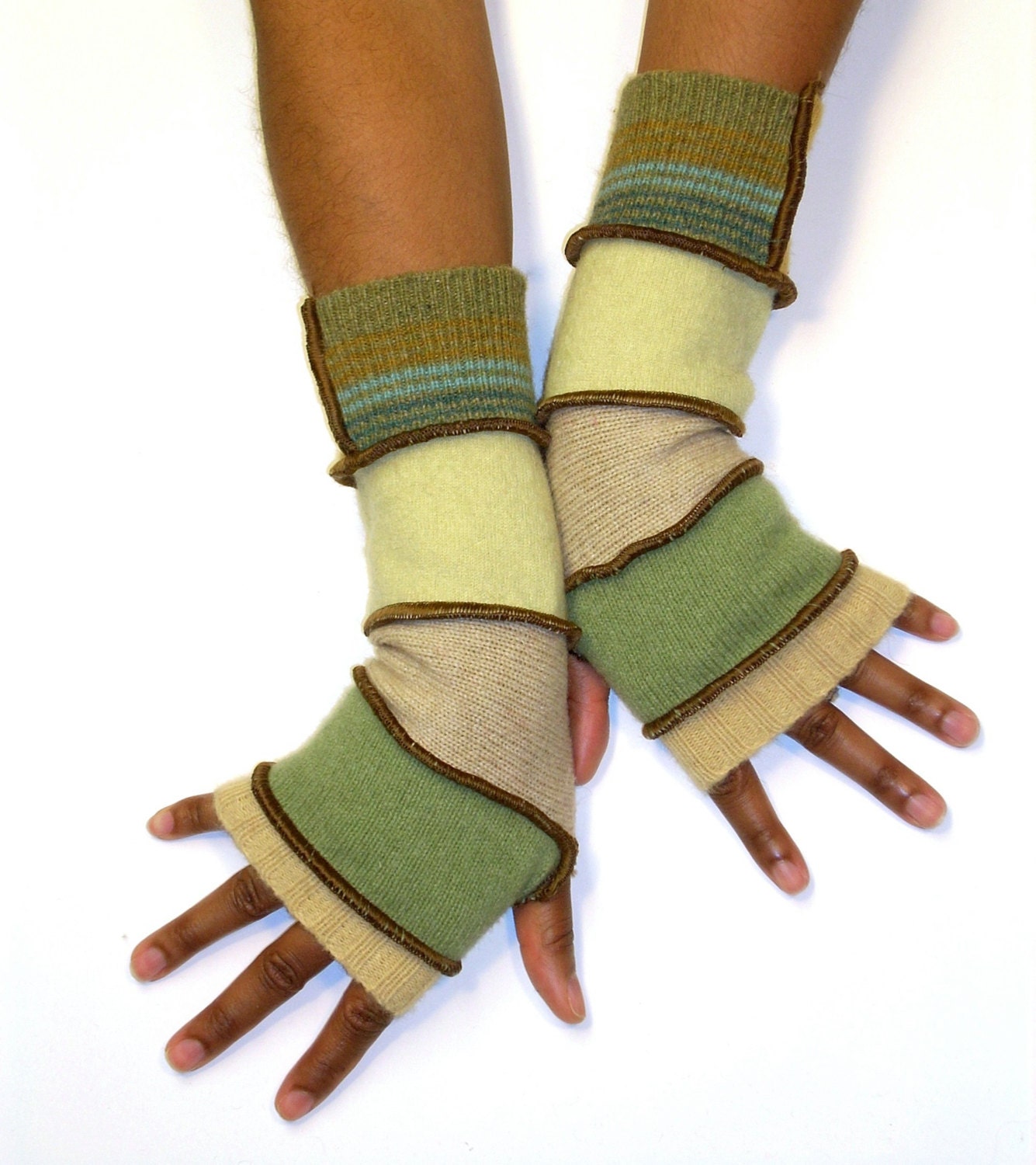 Finger less Gloves, Arm Warmers, Light Green and Tan (Beige, Sage, Tan, Lemon Grass, Color Blocked Stripe and Gold)