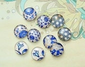 10pcs handmade assorted blue flower round clear glass dome cabochons 12mm (12-9814)