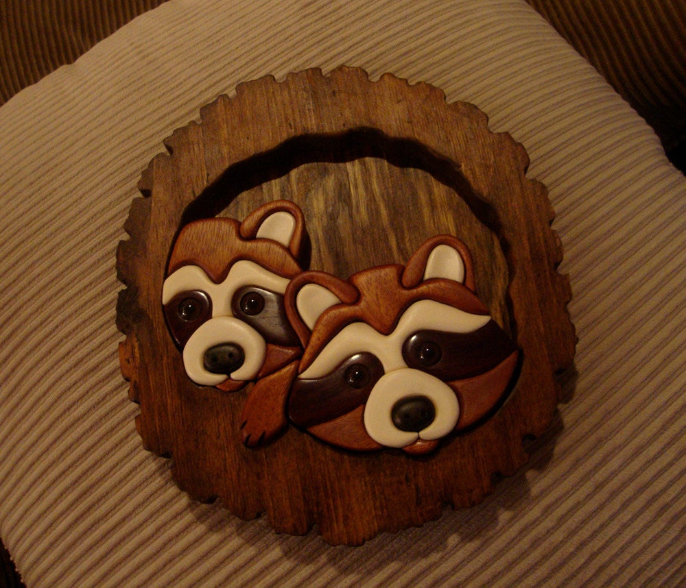 Hand-made Intarsia Curious Raccoons