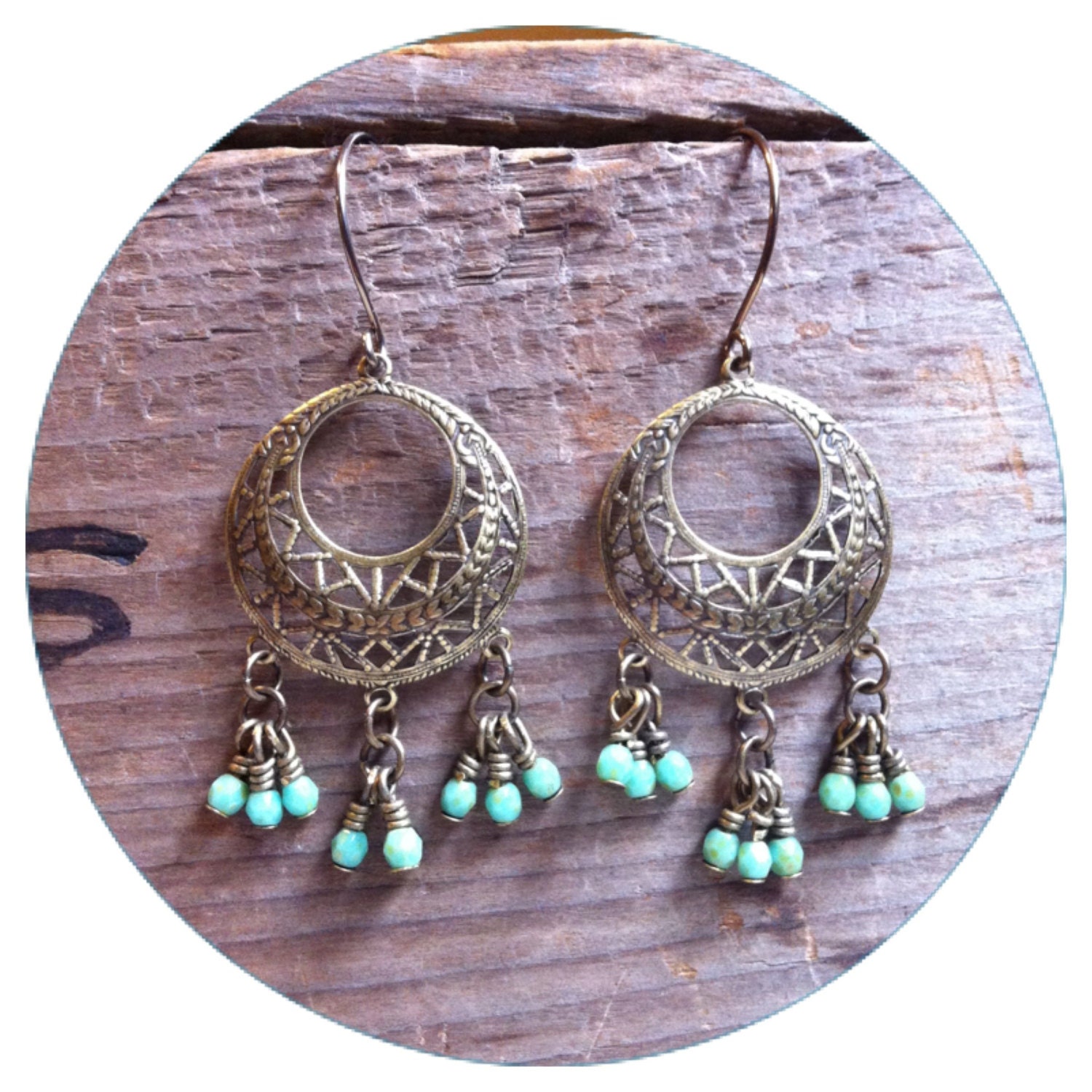 brass filigree hoop earrings with turquoise glass beads