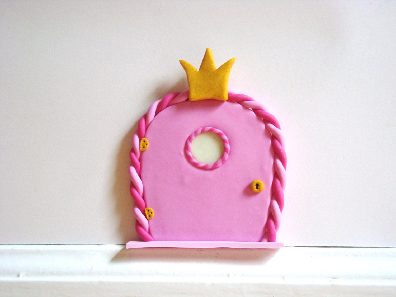 Fairy Door with Princess Crown and Glow-in-the-Dark Window- Pink Polymer Clay
