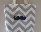 lunch bag, mustache Mini Tote, Chevron lunch bag, Gray, with mustache, READY TO SHIP