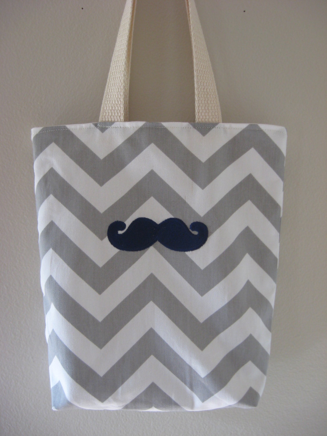 lunch bag, mustache Mini Tote, Chevron lunch bag, Gray, with mustache, READY TO SHIP