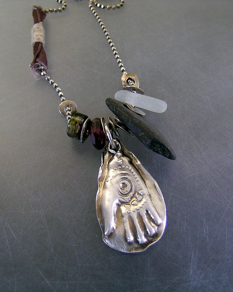 Gratitude, All One Talisman:  Fine Silver, River Pebble, Sea Glass, Ruby and Watermelon Tourmaline