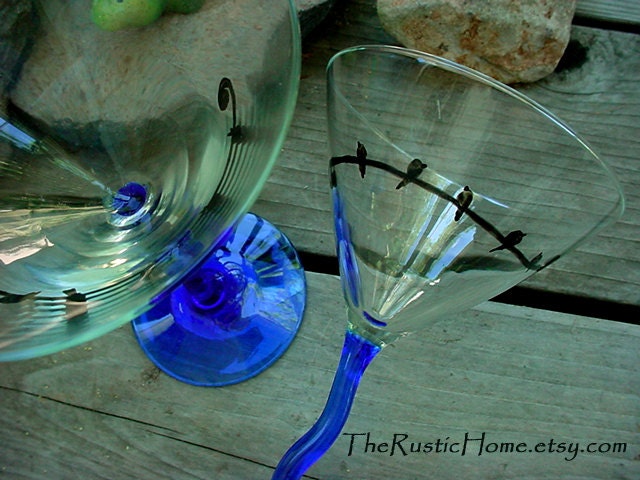 2 Black bird on a wire martini glasses set  blue and black