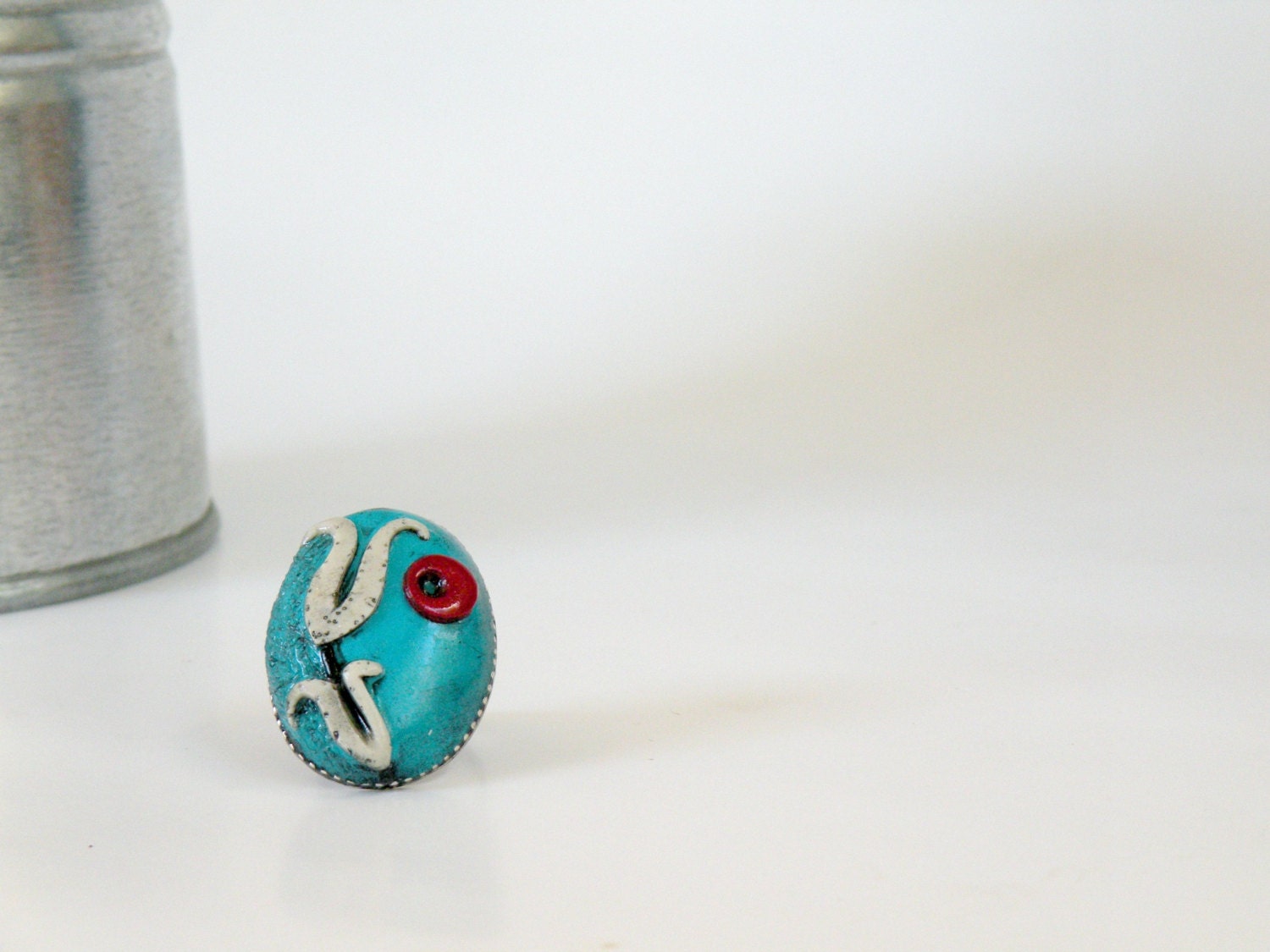 Adjustable Antique Finish Oval Turquoise Blue Ring with An Ottoman Style Tulip