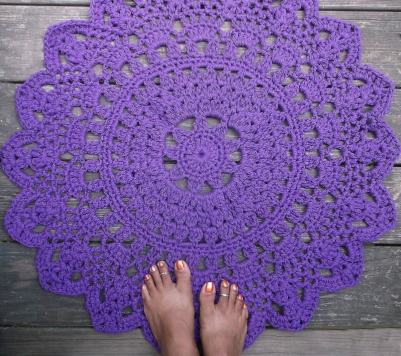 Purple Cotton Crochet Doily Rug in 30" Circle Lacy Pattern Non Skid READY TO SHIP