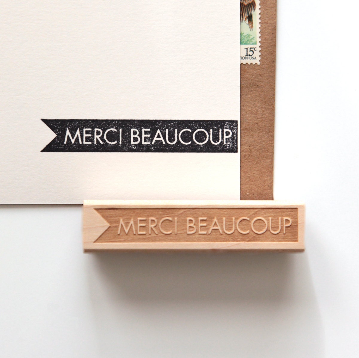 Merci Beaucoup, Thank You Rubber Stamp in French, Original Typographic Design (Wood Mounted)