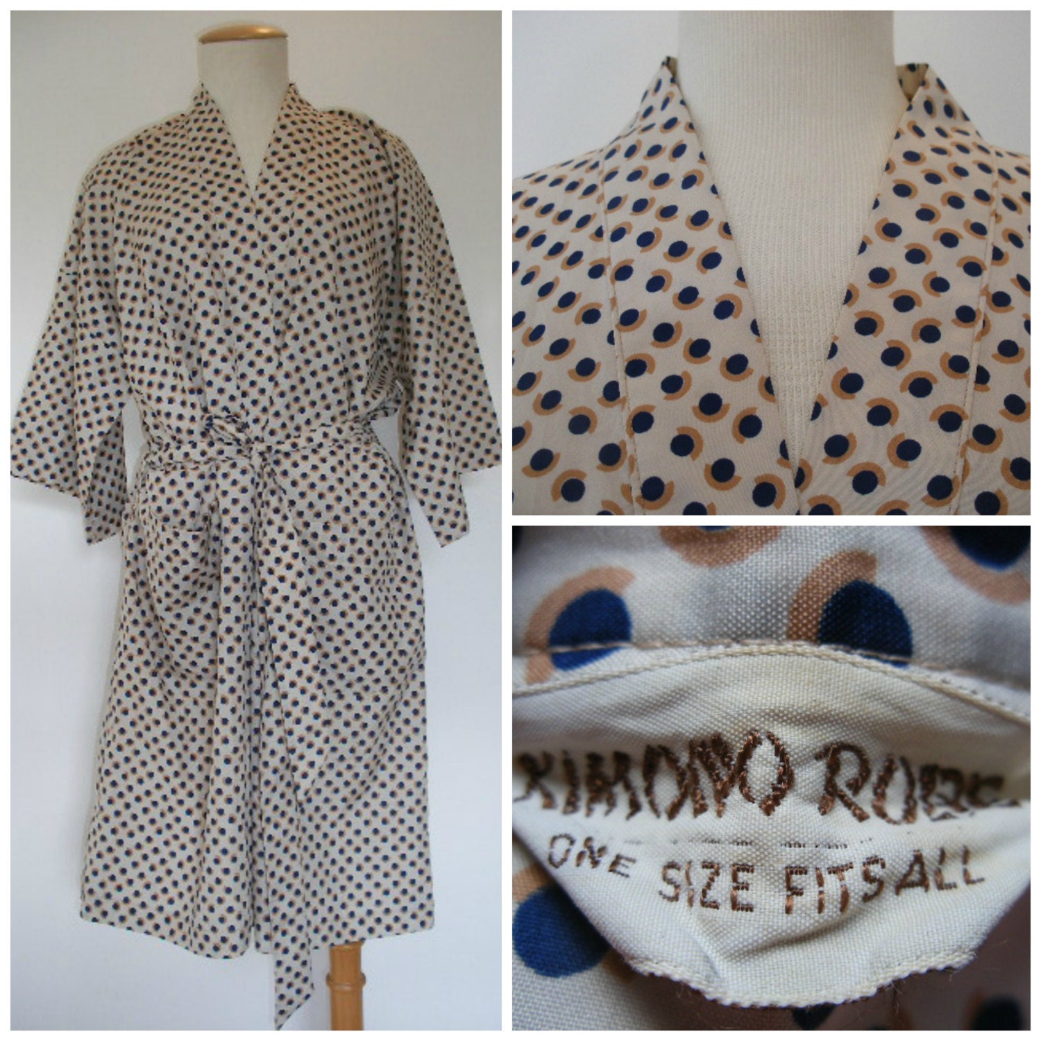 60s Kimono robe, art deco print, retro unisex one size fits all Japanese robe circa Mad Men era.