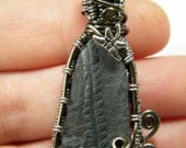 Plant fossil: Woven wire wrapped Fern frond fossil with dragonfly beads, pendant