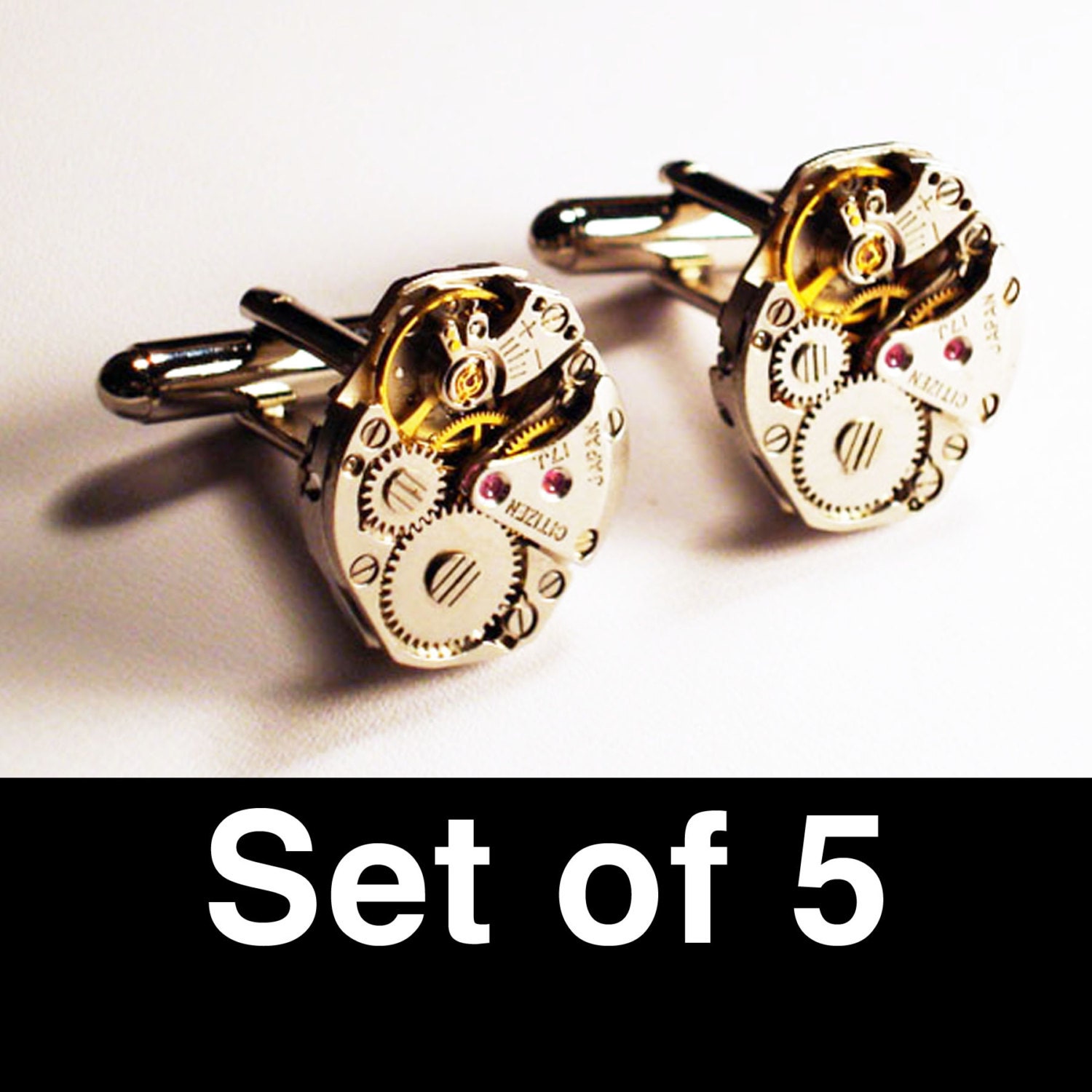Set of 5 Watch movement steampunk silver cuff links, wedding, groomsmen, birthday, special occasion gift