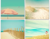 SALE - Ocean photography, beach art, waves, seaside, turquoise, aqua, blue green, summer, sand, seashells, red umbrella, lighthouse