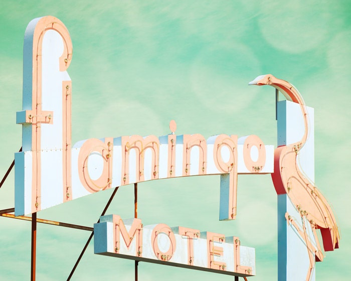 Vintage sign, guest room, pink flamingo, kitsch decor, mid century, dusty rose, blue green, bird, neon, motel, doo wop