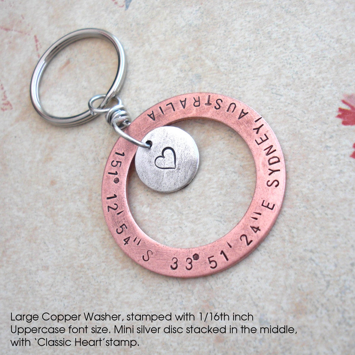 Custom GPS Copper Washer . Latitude Longitude Key Chain . Hand Stamped Large Charm . Coordinates, Name, Dates