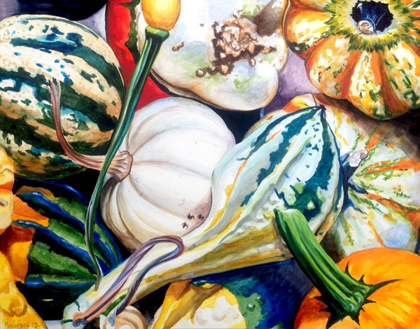 Fall Gourds pumpkins squash - ORIGINAL watercolor by Redstreake