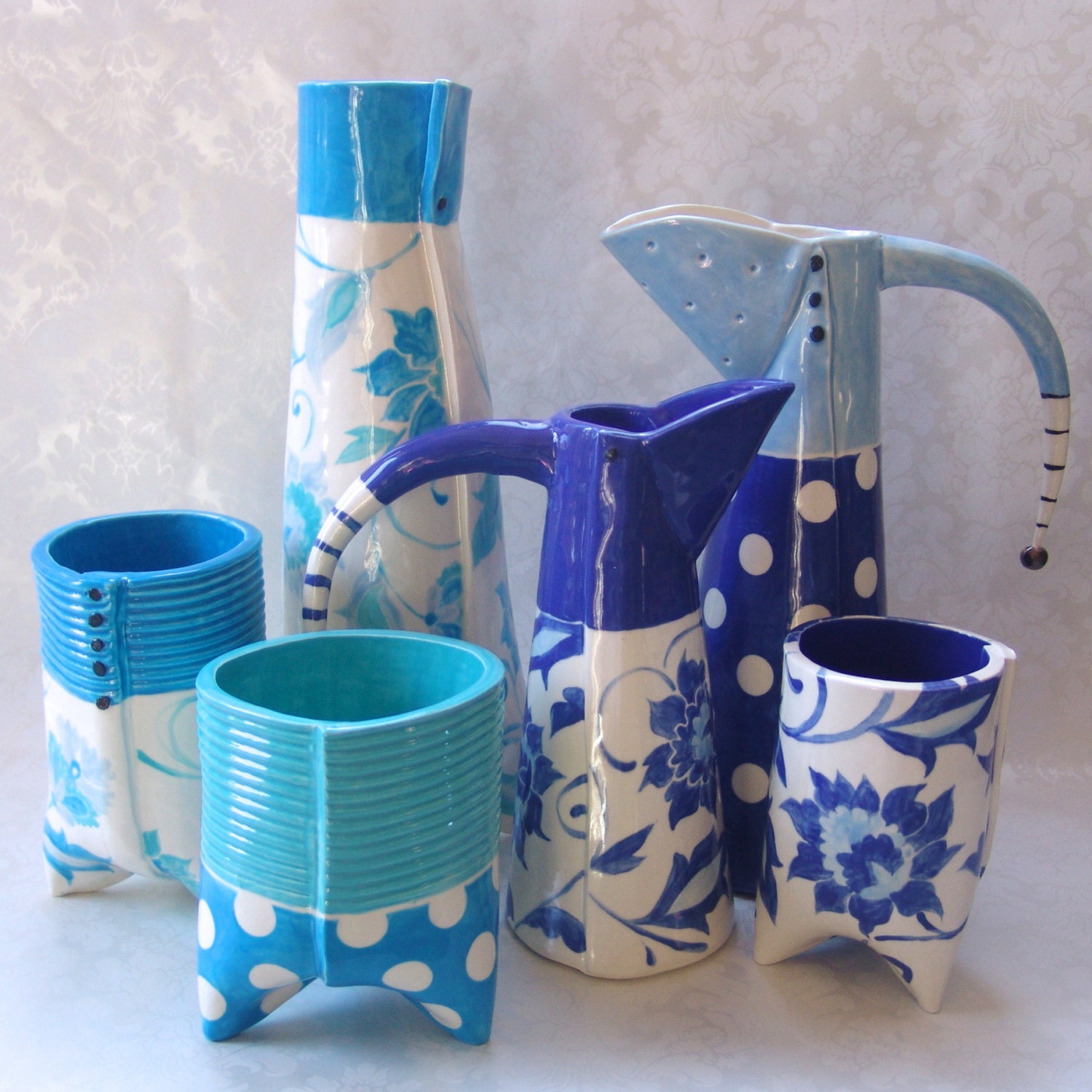 tall ceramic vase turquoise & aqua floral decor