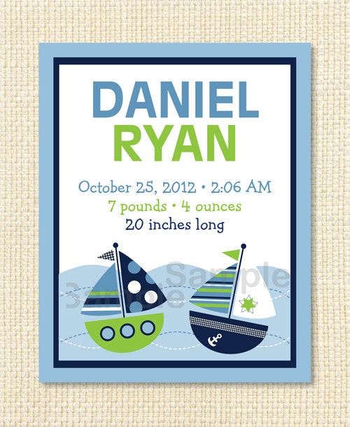 Nautical Sailboat Printable Nursery Wall Art Birth Stats