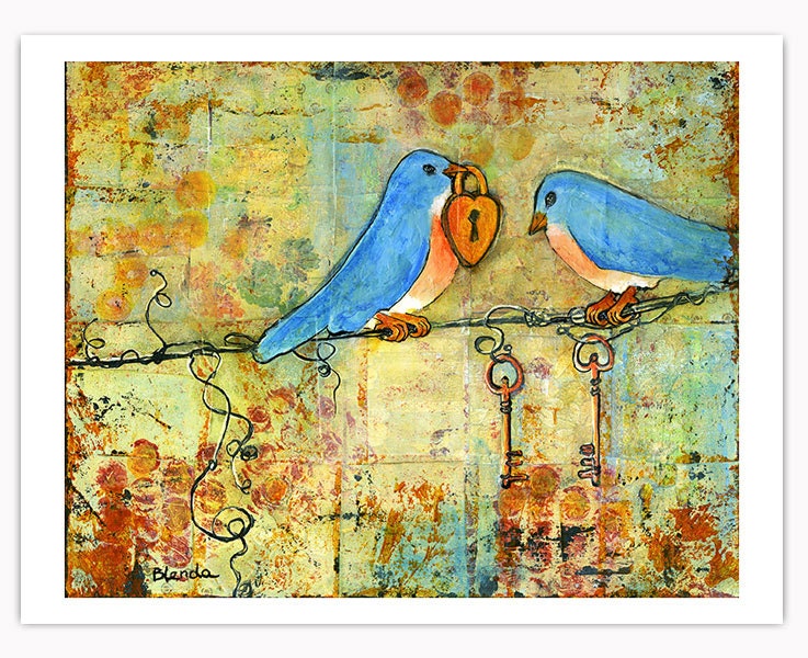 Romance, Love-Locks, Art Print, Bluebirds, Couple, Fresh Trends, 8X10