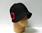 Cloche Hat -  Black Linen with Red Buckle - Made to Order