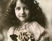 Original French vintage tinted real photo postcard - Girl holding a rose - Victorian Paper Ephemera