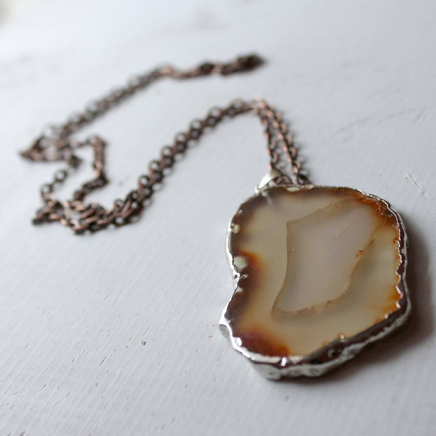 Polished Silver Lined Agate Geode Stone Pendant Necklace with 24 Inch Copper or Silver Chain