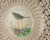 Original mixed-media artwork ... hand painted Bird worked on a vintage crocheted doily