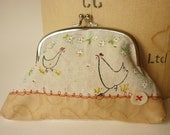 Coin Purse or Clutch.. screen printed Chickens ... ooak ... free machine embroidered flowers