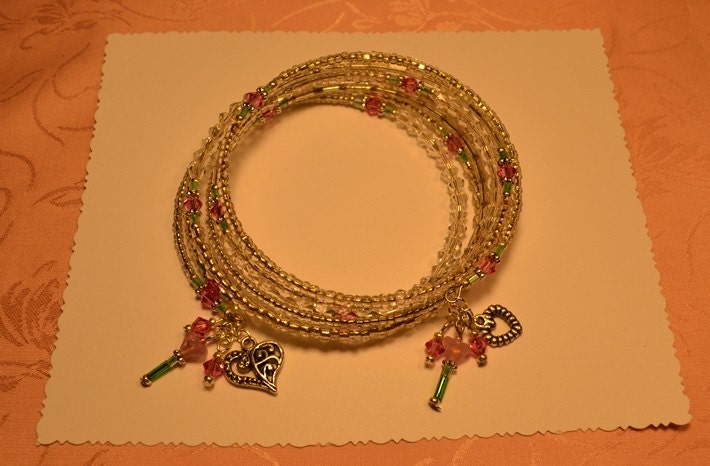 Rose and Clear Crystals, Pink Flower Memory Wire Bracelet
