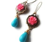 Pink Rose with Turquoise Blue Tear Drop Earrings