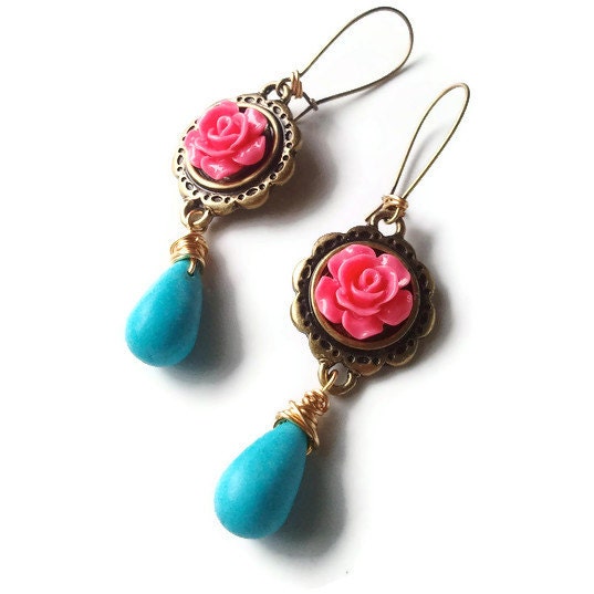 Pink Rose with Turquoise Blue Tear Drop Earrings