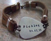 Personalized Handstamped Guitar Pick Leather Bracelet  for Fathers Men Dads - Mixed Metal