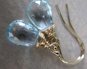 Blue Topaz Gold Earrings, December Birthstone Earrings, Wire Wrapped, Blue Gemstone Earrings, Irisjewelrydeisgn