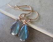 Labradorite Rose Gold Earrings, Blue Green Flash, Aqua, Wire Wrapped, Green Earrings, Gemstone Earrings, Irisjewelrydesign