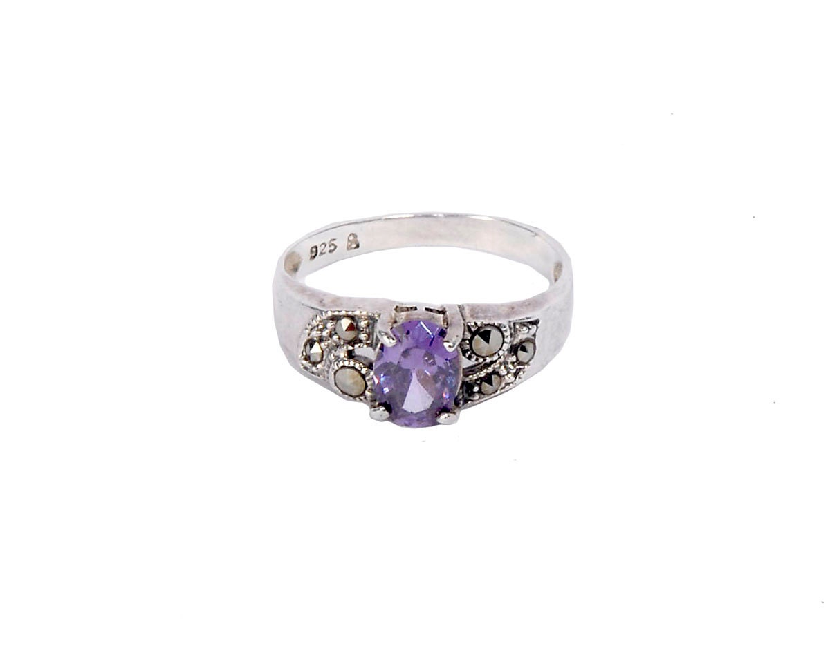 Vintage 80s 90s Sterling Silver Amethyst Marcasite Ring 925 5 1/2