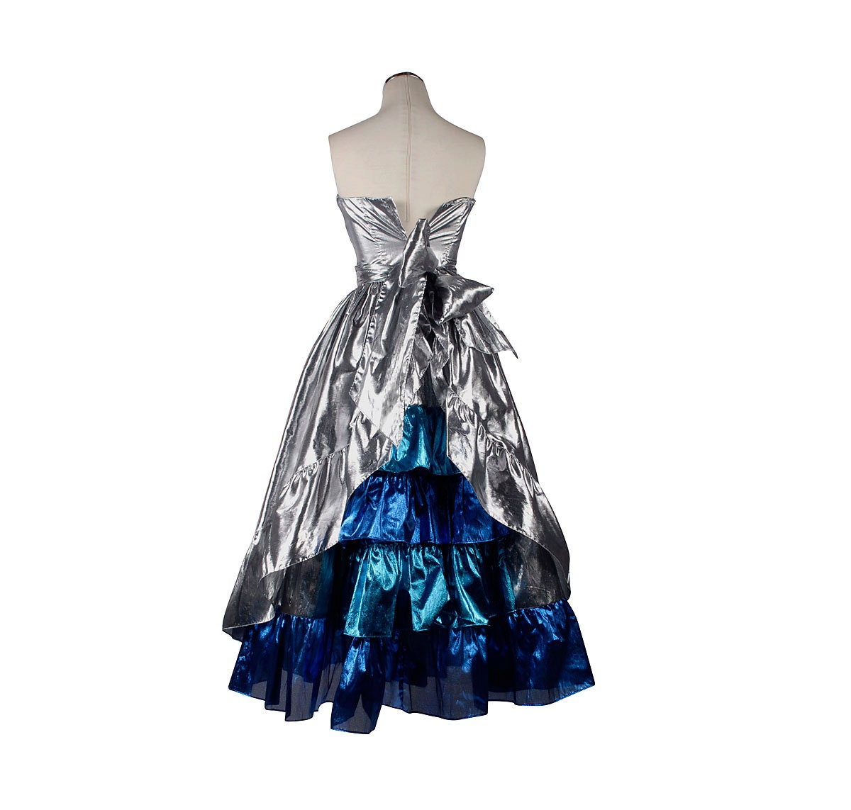 Vintage 80s Silver Lame Strapless Prom Party Dress with Blue Lame Bustle Gunne Sax