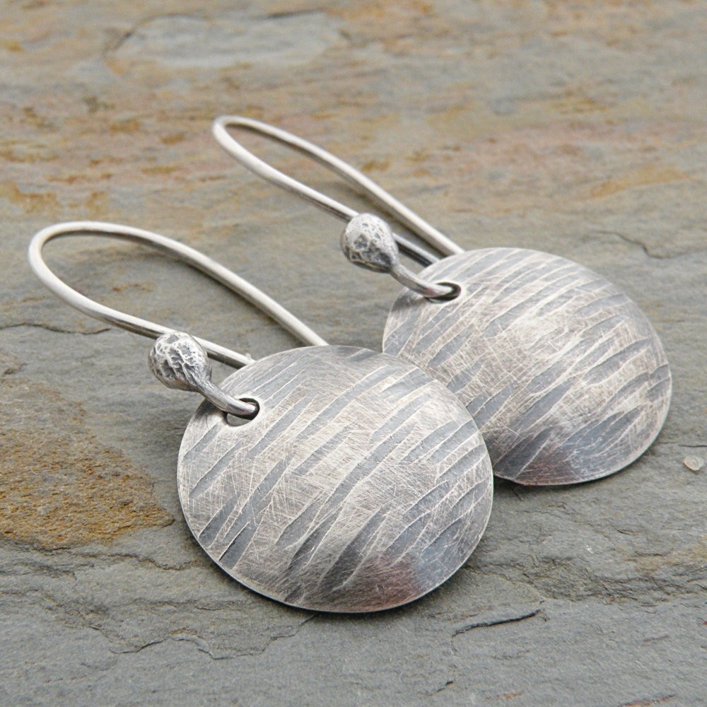 Sterling Silver Earrings, Domed, Disc, Simple, Circle, Line Texture, Casual