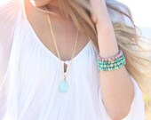 TenThings. AQUA. chalcedony. long. gold. necklace.