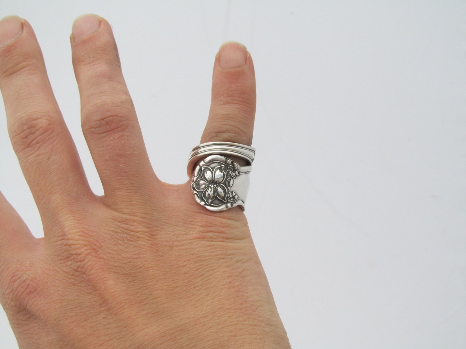 Silver Art Nouveau Orange Blossom Size 8 Wrapped Style Wide Spoon Ring 1910 Floral