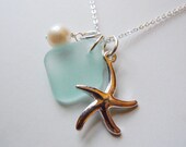 Sea Glass Necklace,Aqua  Sea Glass Starfish Necklace,  Seaglass Jewelry