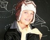 Brown Aviator Hat Set with Goggles - Cotton Crochet